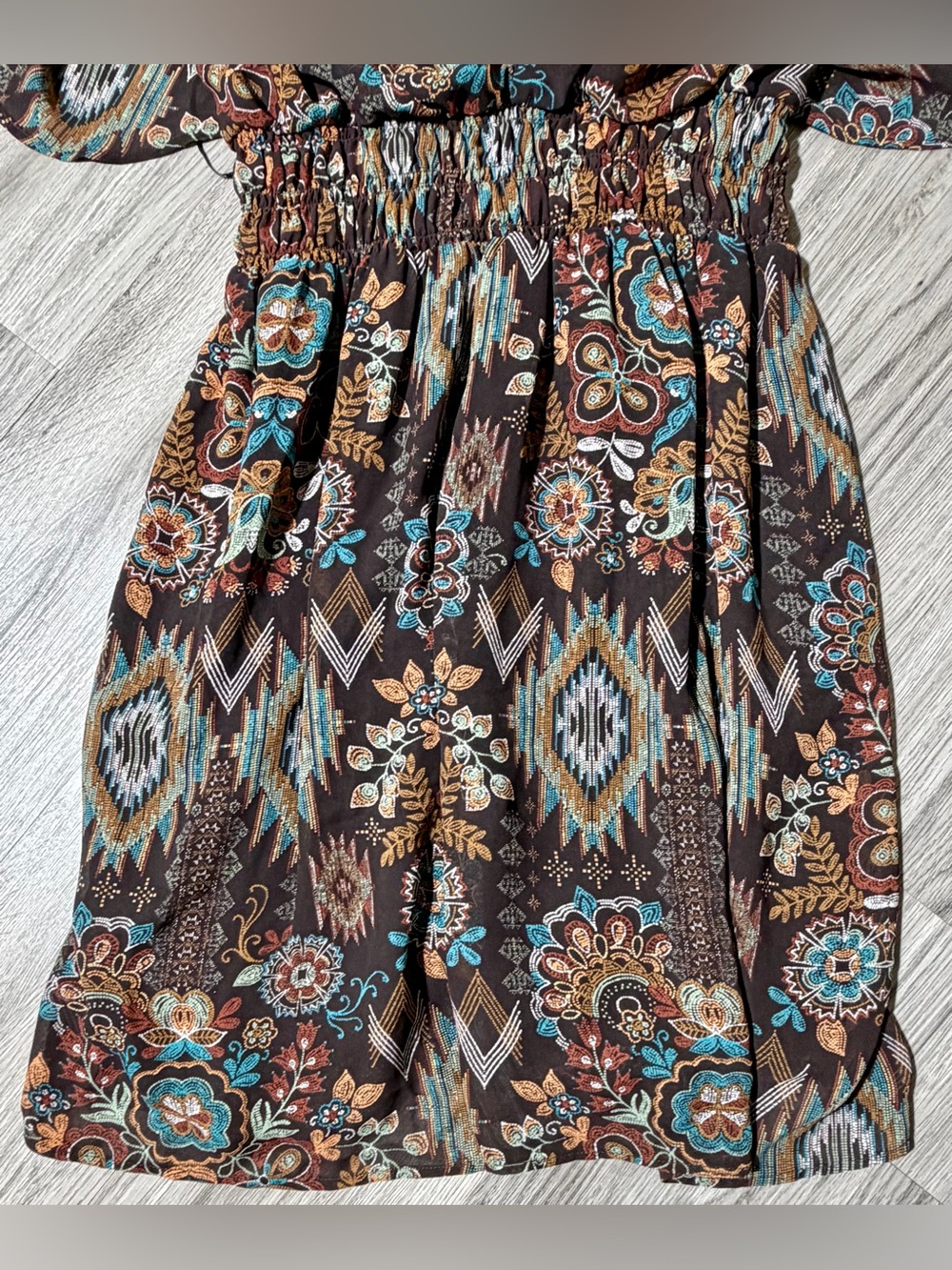 Shyanne Brown Floral Boho Mini Dress with Teal & Rust Accents - Picture 2 of 9